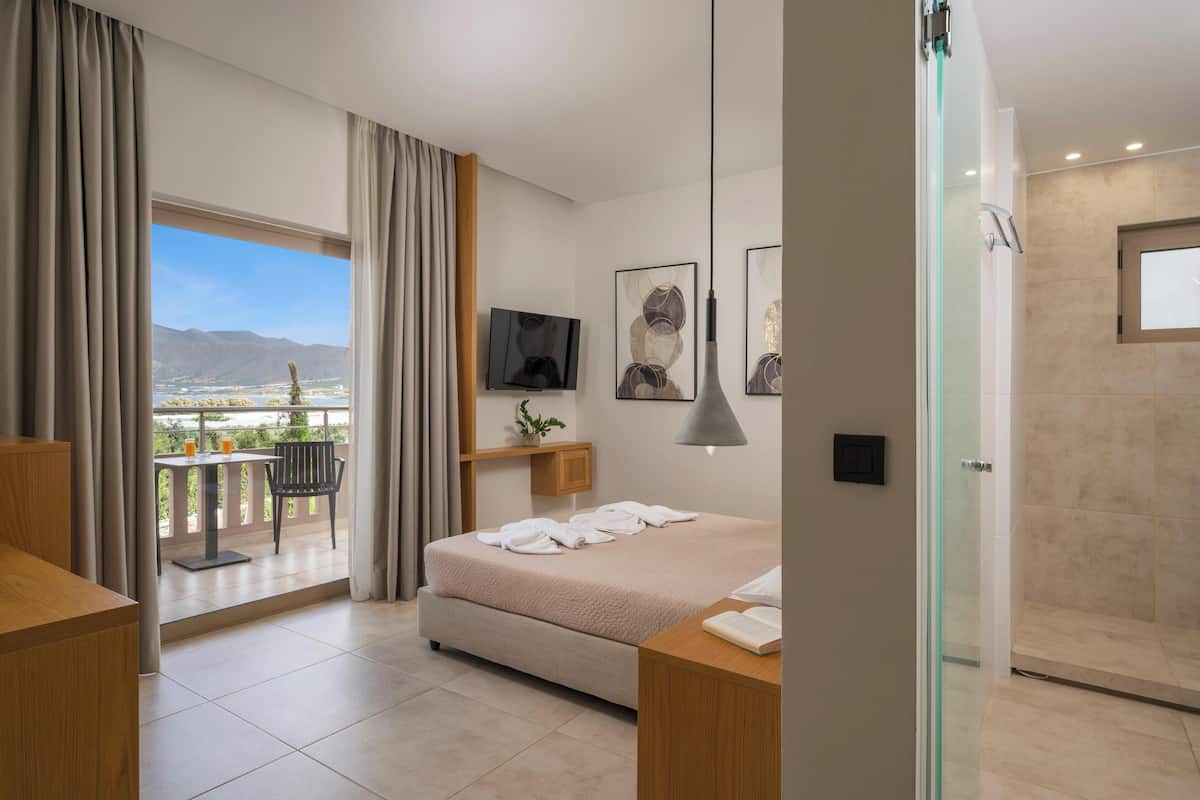 A modern hotel room with a balcony, a bed, a TV, and a shower area.