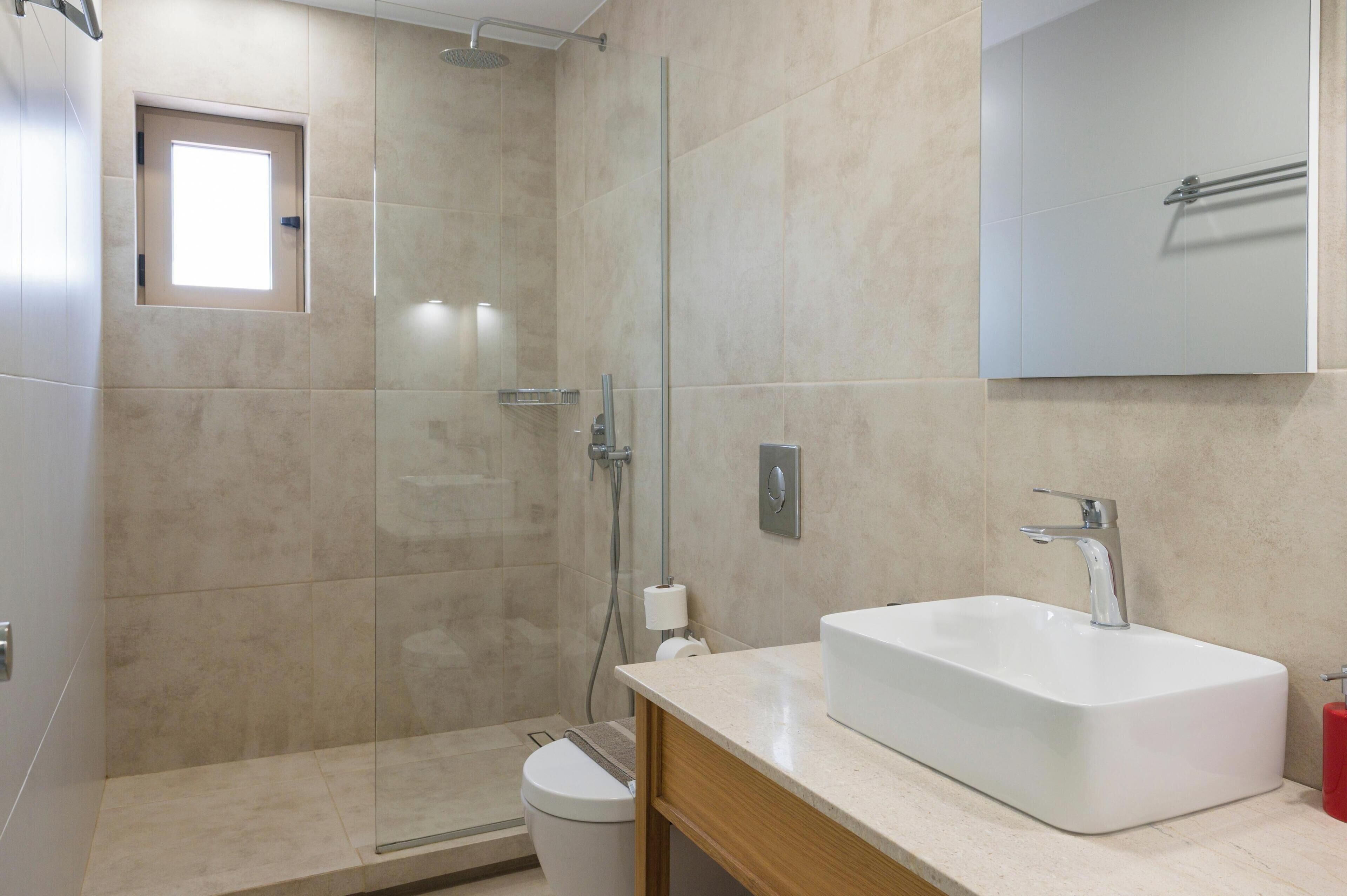 A modern bathroom with a glass-enclosed shower, a white sink, and a mirror above the sink.