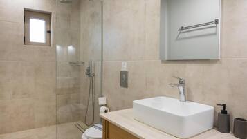 A modern bathroom with a glass-enclosed shower, a white sink with a soap dispenser, and a towel rack above the mirror.