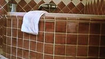 Un baño con piso de baldosas, un banco y una planta.