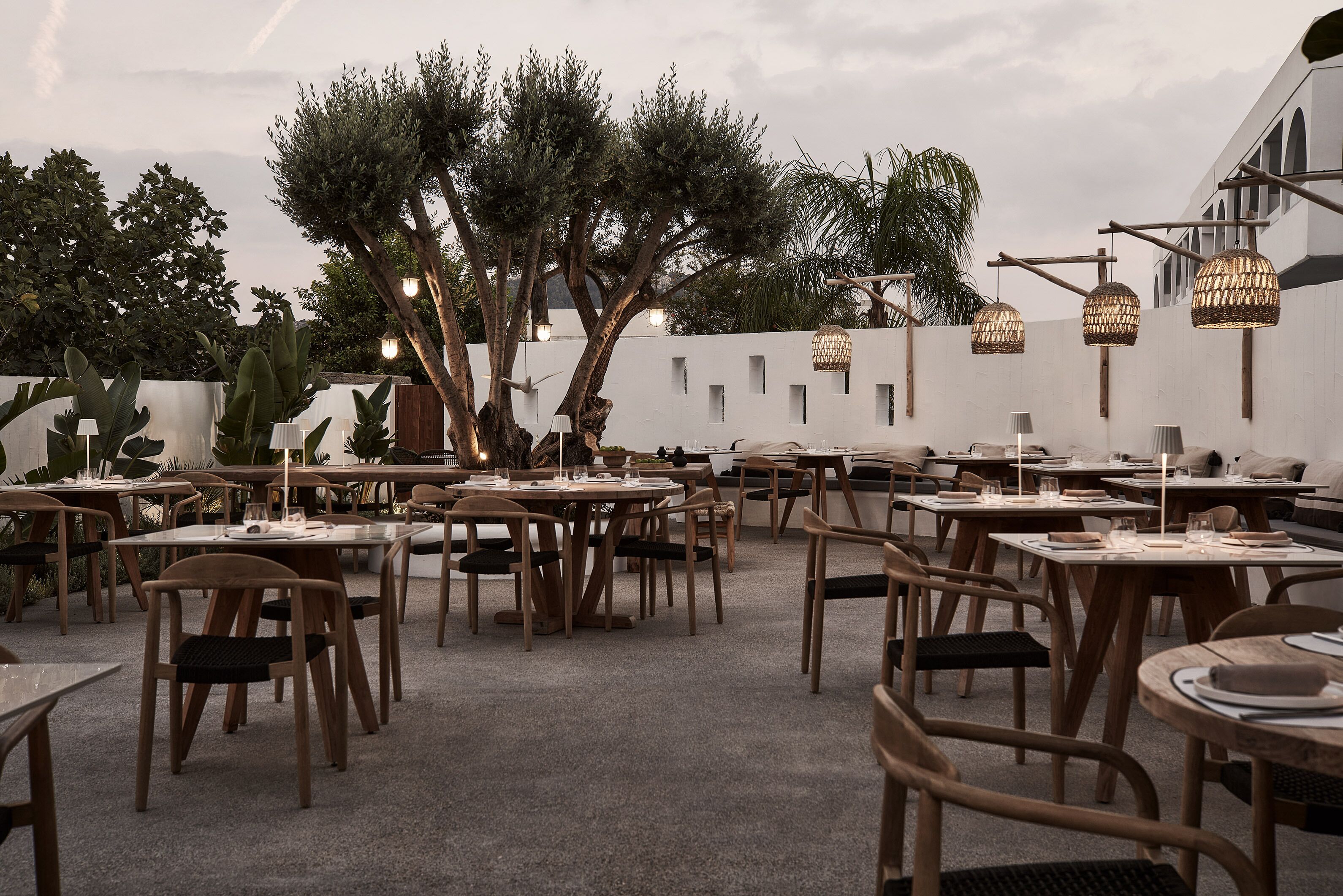 Un área de comedor al aire libre con mesas y sillas de madera, rodeada de árboles y una pared blanca.