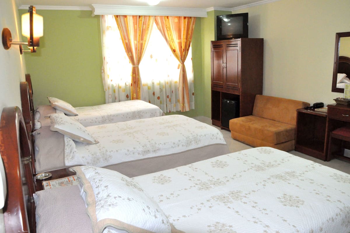 Habitación de hotel con dos camas individuales, un armario de madera, un televisor sobre un mueble bajo y un escritorio con una silla.