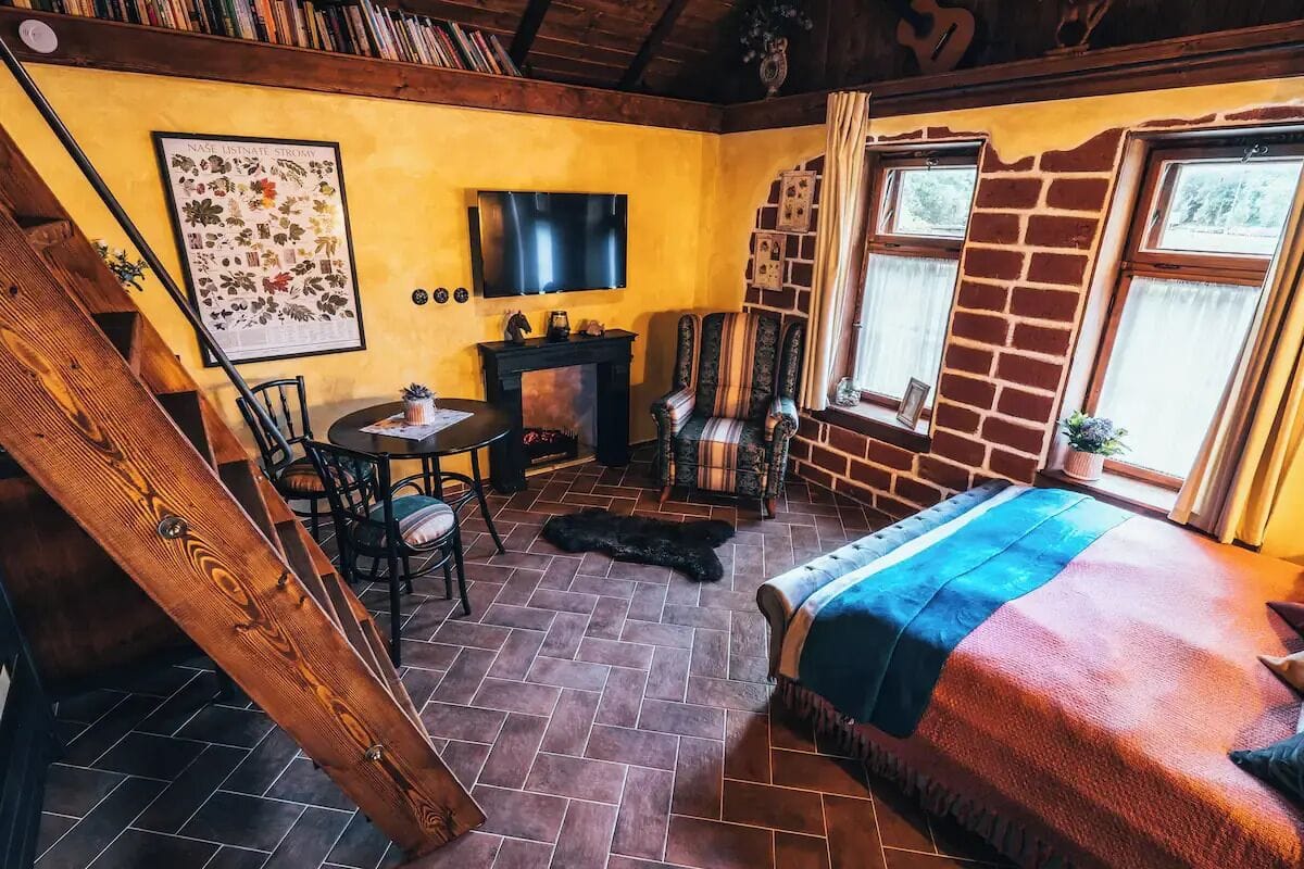 Um quarto aconchegante com lareira, televisão, cama e uma estante de livros cheia.