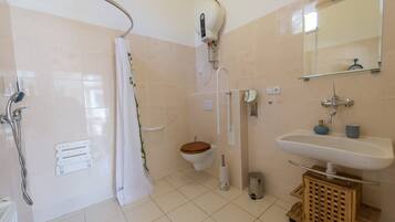 Un baño con ducha, inodoro, lavamanos y espejo.