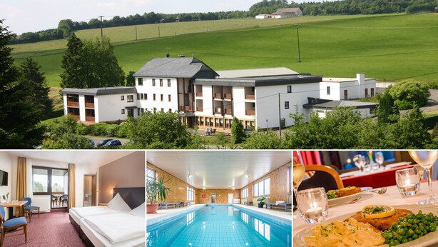 Un hotel con piscina, comedor y vistas del paisaje circundante.