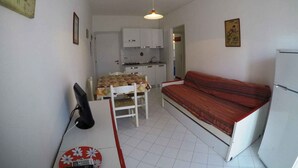 A compact living space with a kitchenette, a dining area, and a sofa.