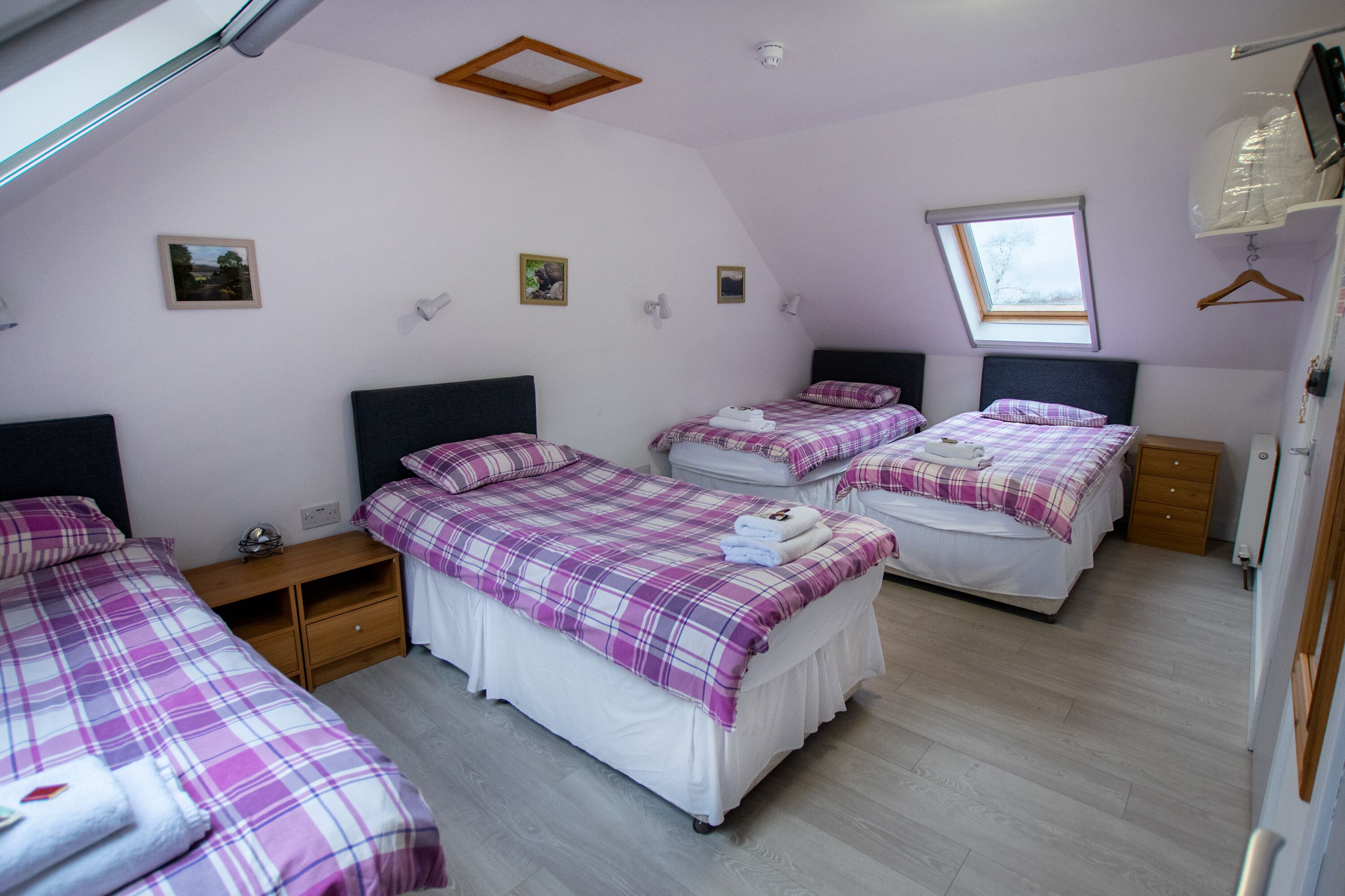 Une chambre avec trois lits, chacun recouvert d’une couverture à carreaux violets et blancs, avec des tables de chevet en bois et une lucarne.