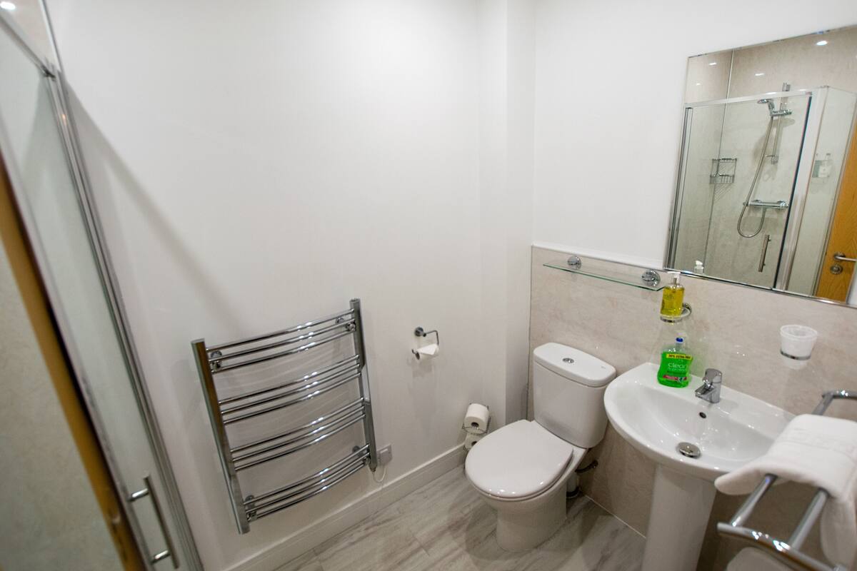 A modern bathroom with a glass shower enclosure, a toilet, and a sink with a towel rack.