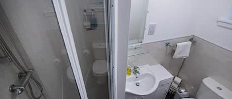 Une salle de bain moderne avec une douche à parois de verre, un lavabo blanc et des toilettes.