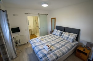 Un dormitorio con cama, televisor, mesita de noche y baño visible a través de una puerta abierta.