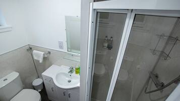 A bathroom with a toilet, sink, and shower.