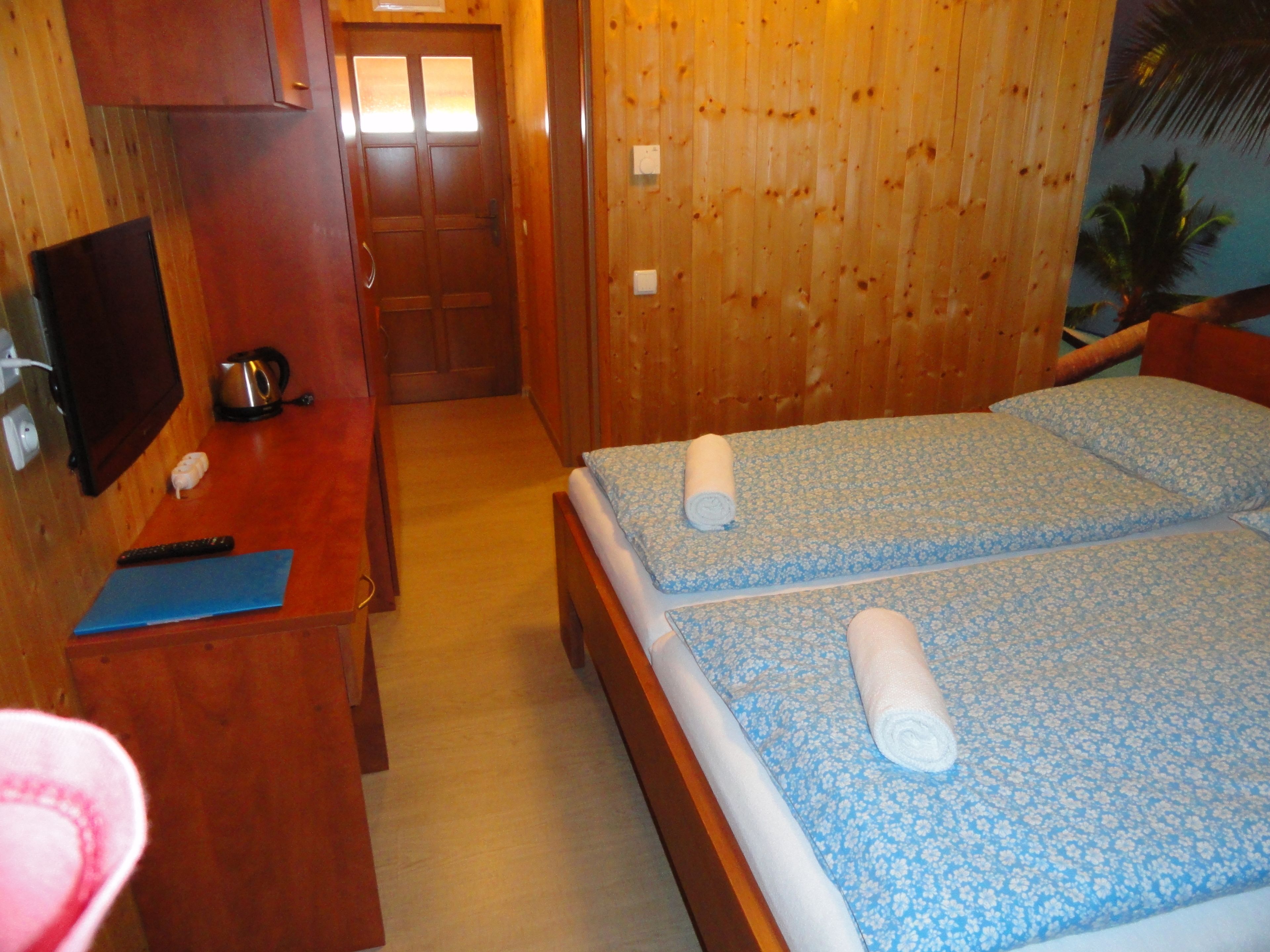 Une pièce en bois avec un lit, un bureau, une chaise et un téléviseur.