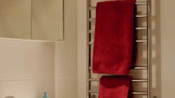 A bathroom with a sink, mirror, towel rack, and toilet paper.