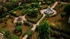 An aerial view of a meticulously landscaped garden with geometric pathways, two central fountains, and a variety of tropical plants.
