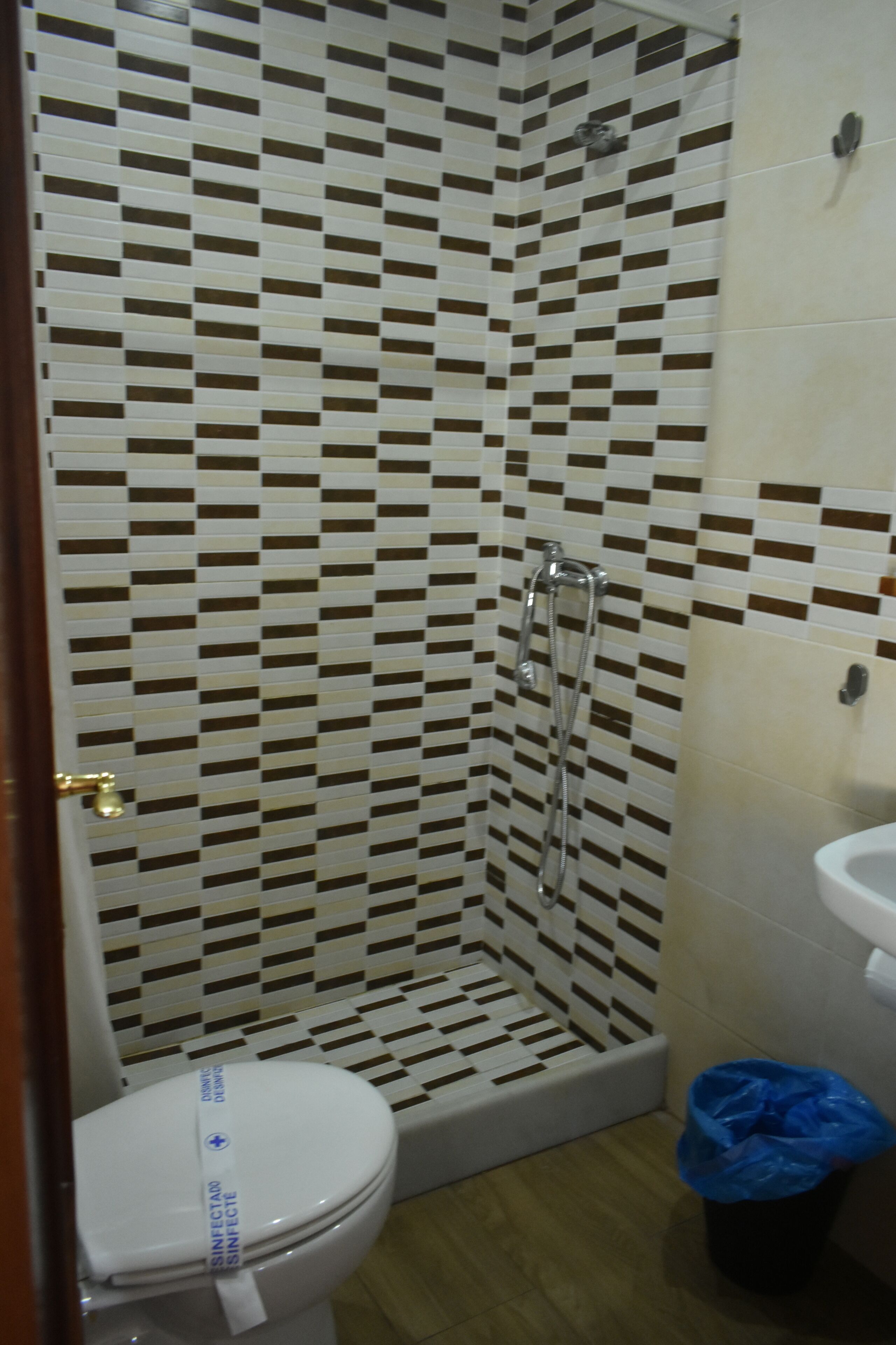 A bathroom with a tiled shower wall, a toilet, and a sink.