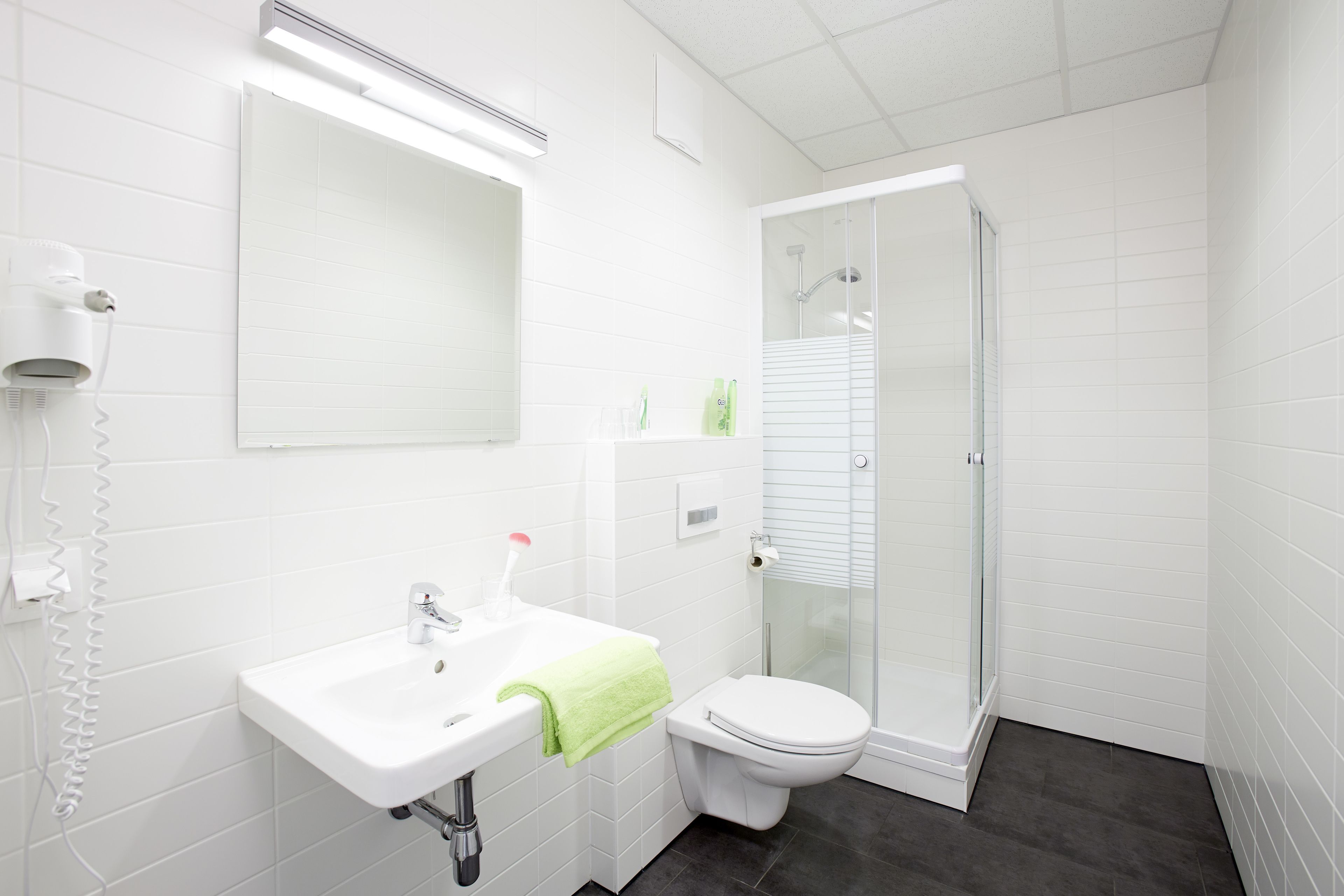 shower, free toiletries, hair dryer, towels