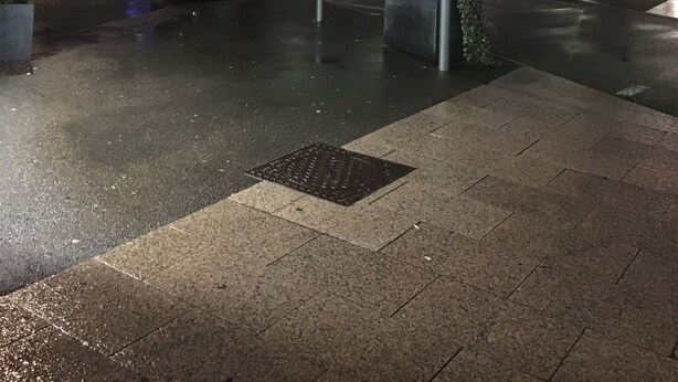 Vista nocturna de una calle con coches estacionados y un edificio con letreros iluminados.