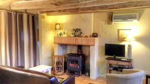Una sala de estar acogedora con chimenea, televisión y un sofá cómodo.