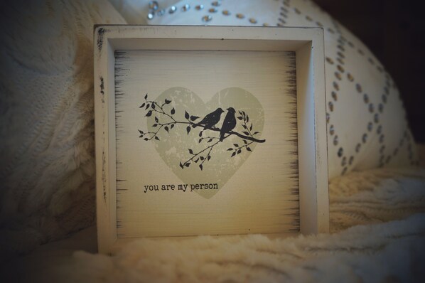A framed picture with a bird on a branch inside a heart shape, with the text "you are my person" below it. - Forever spring cabin (Middlefield)