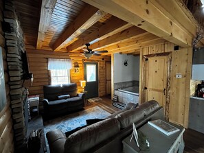 Smart TV, fireplace, books, stereo