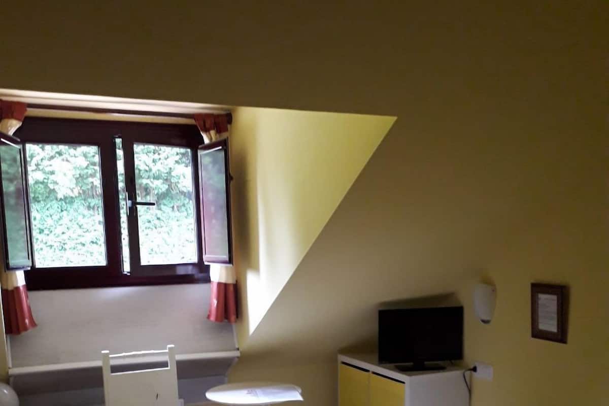 A small room with a bed, a desk, a chair, and a television.