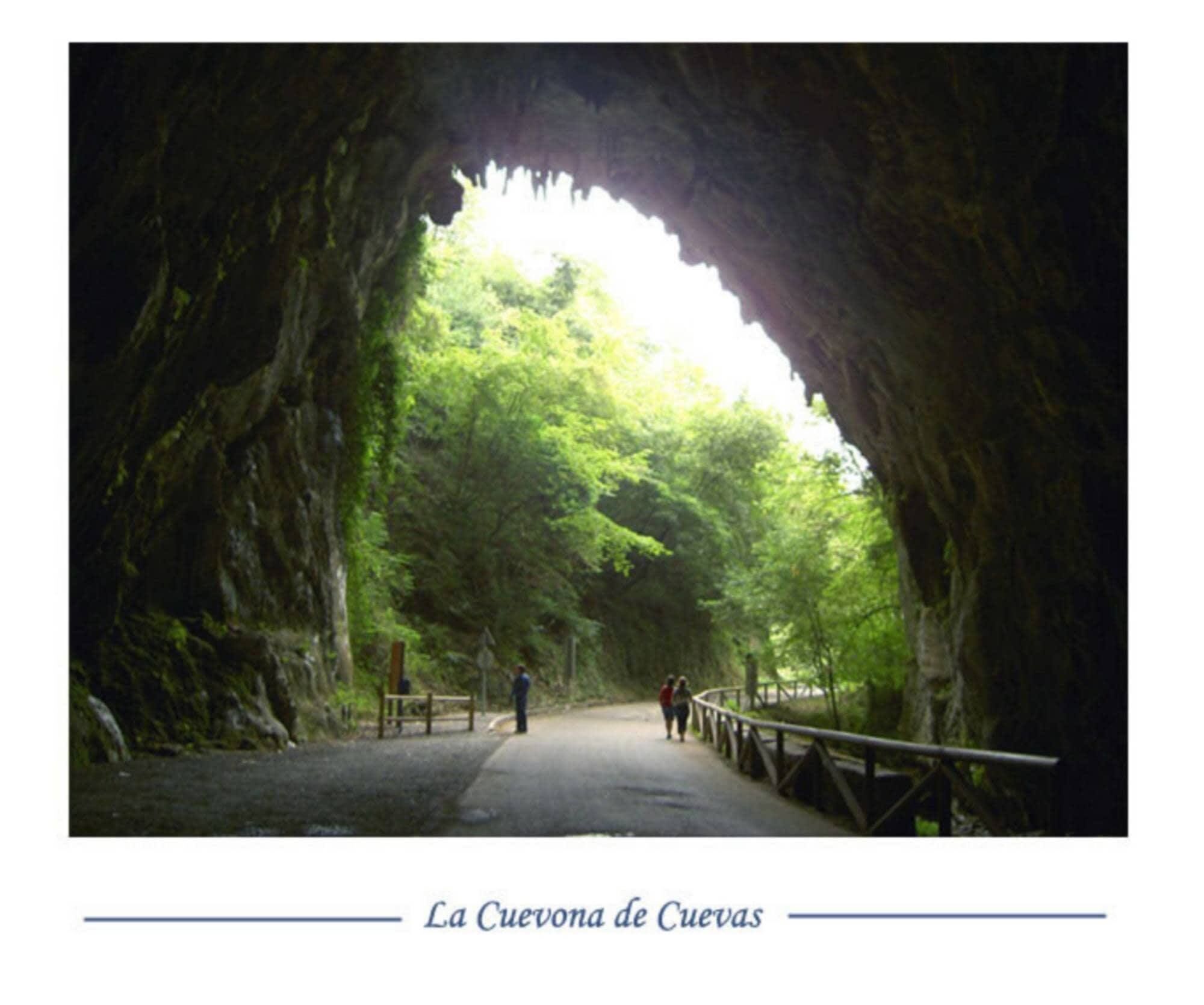 La entrada de una cueva con un sendero que la atraviesa, rodeada de vegetación.