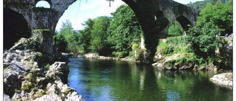 Un puente romano de piedra con arcos sobre un río, rodeado de vegetación.