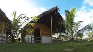 A wooden cabin with a thatched roof, surrounded by lush greenery and palm trees. - Safasurf Camp - Hostel (Arugam Bay)