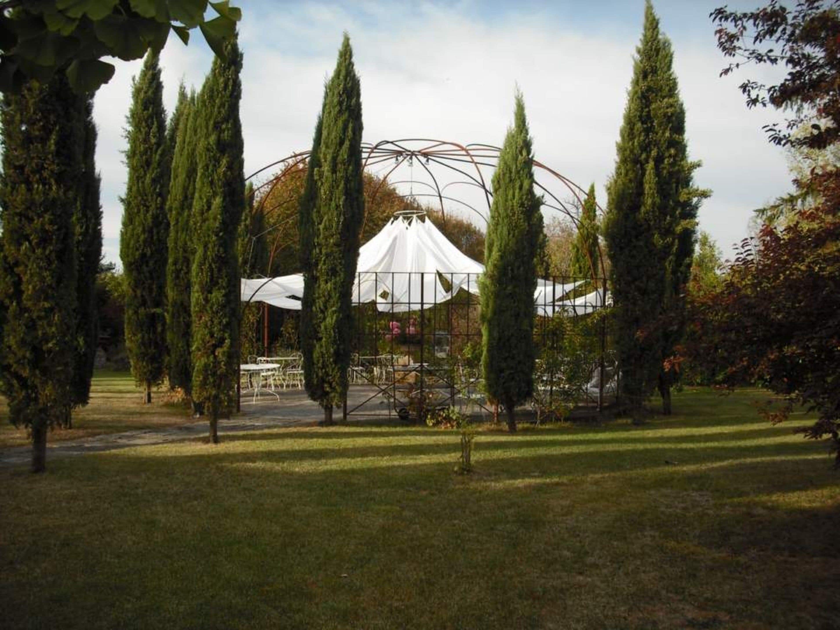 A gazebo with a white canopy surrounded by tall, slender trees in a well-maintained garden.
