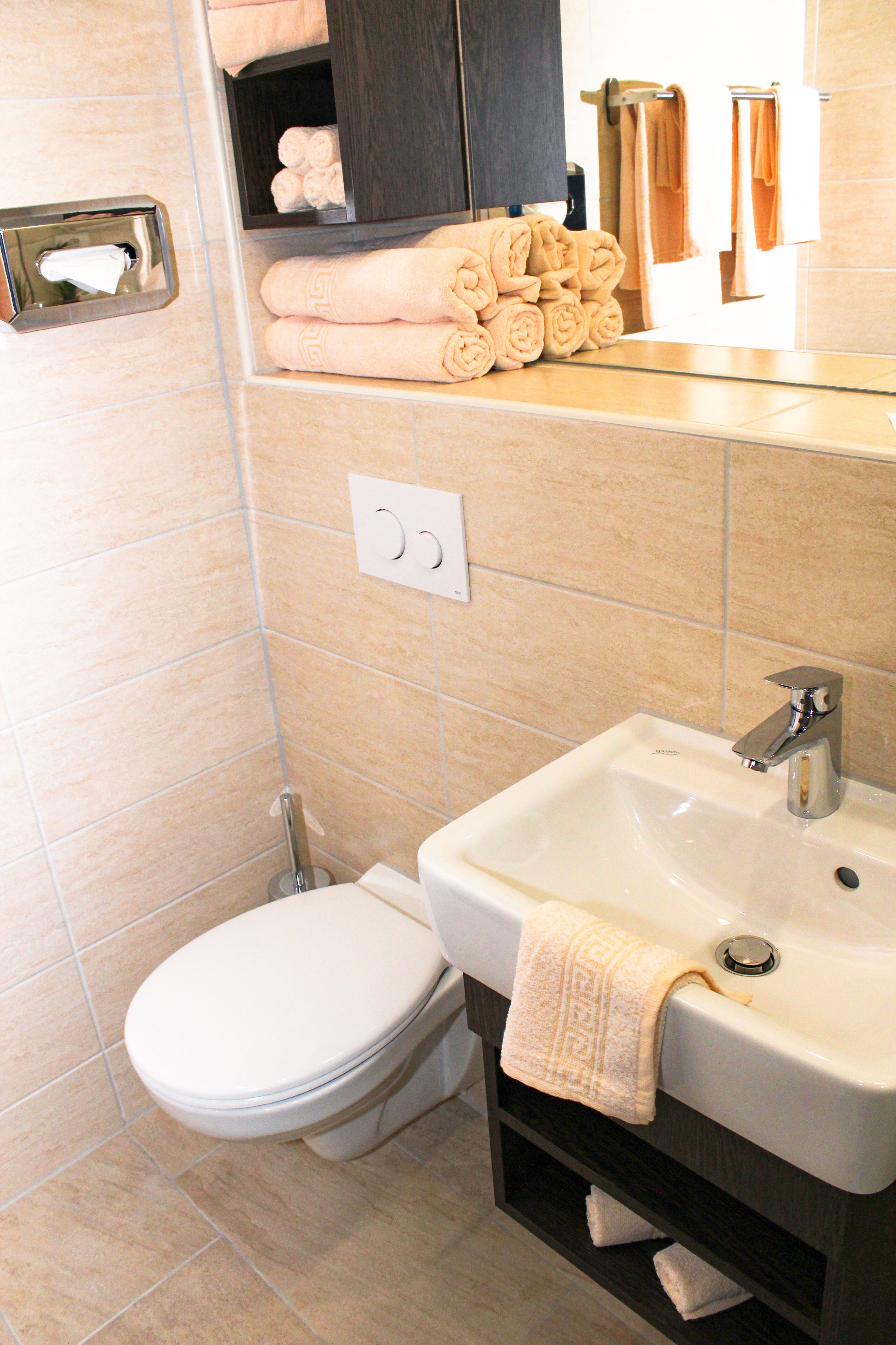 A bathroom with a toilet, sink, and towel storage.