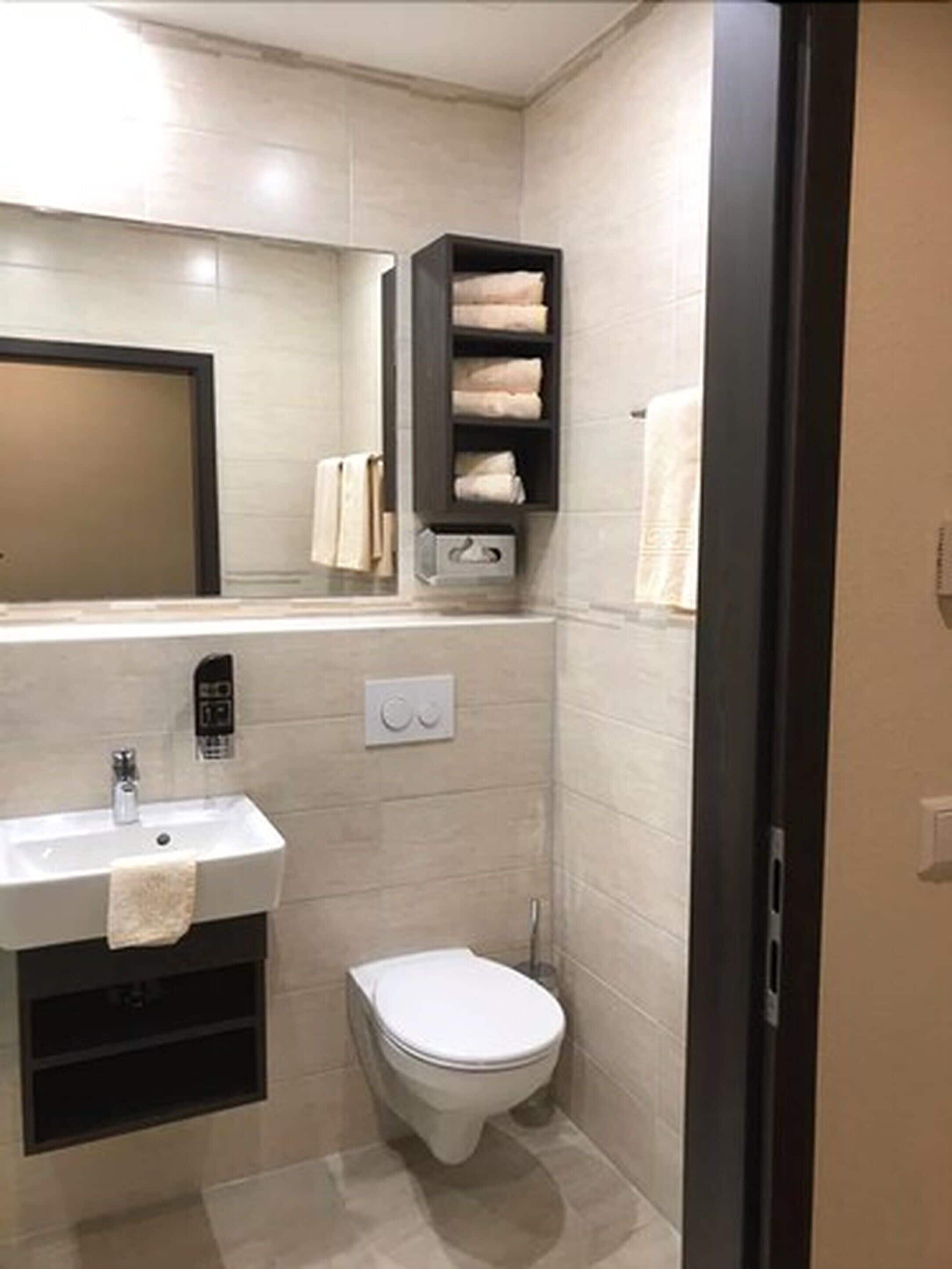 Un bagno piccolo e funzionale con lavandino, WC e spazio per gli asciugamani.