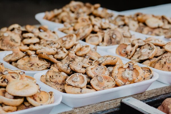 Multiple white trays filled with sliced mushrooms. - Vila Caelus Masia Boutique (Rubió)