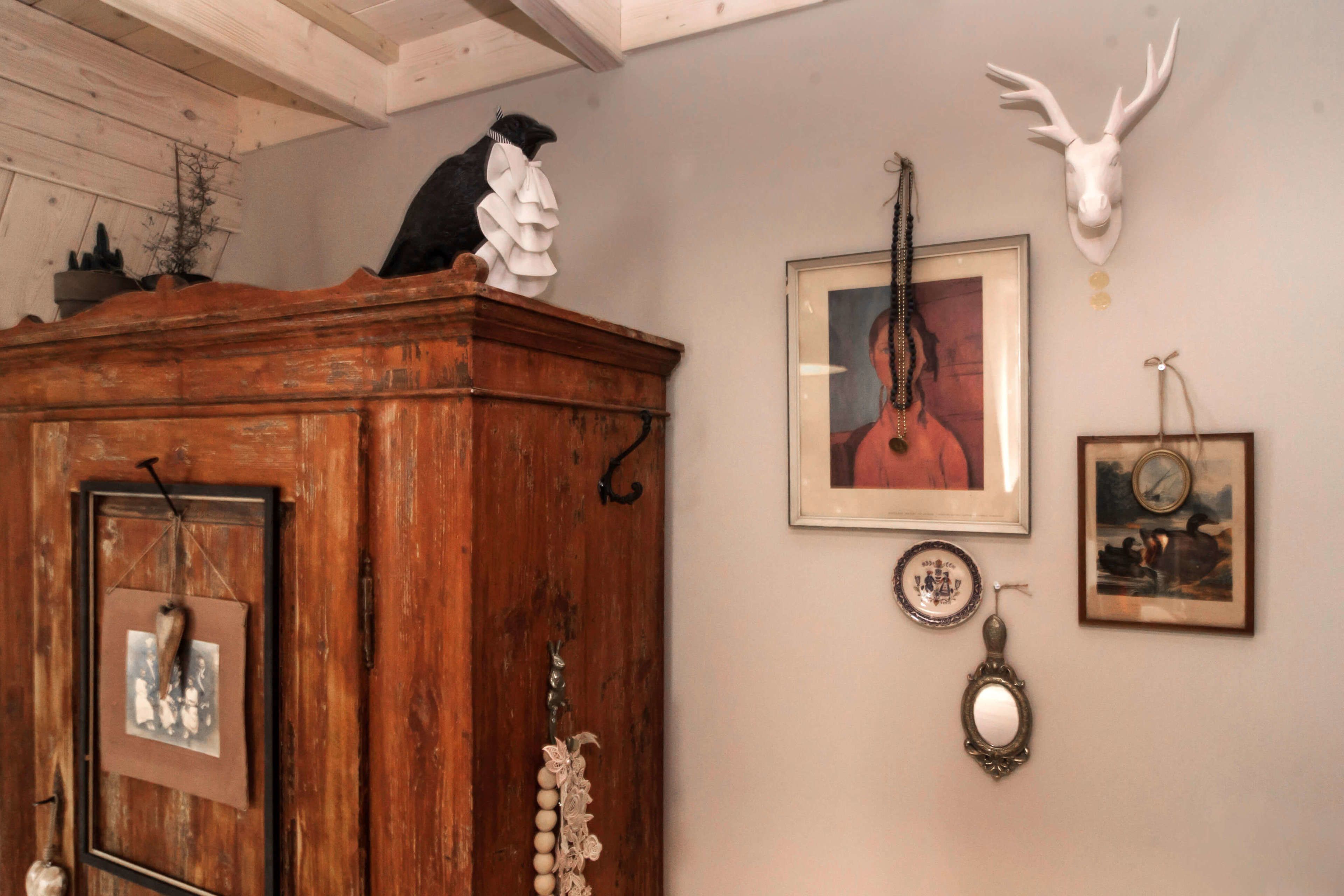 Een rustieke houten kast met een zwart-witte kat erop, een geweiveld hertenschädel aan de muur, en verschillende ingelijste foto's en decoratieve objecten.