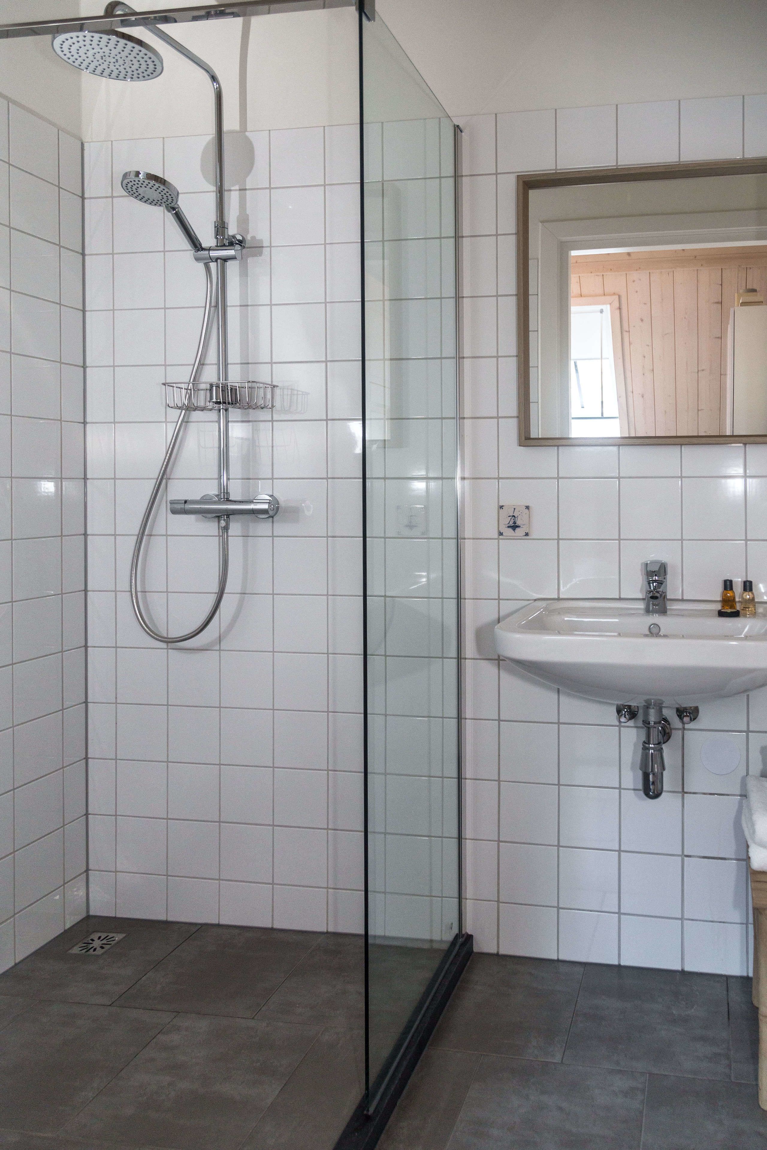 A bathroom with a glass-enclosed shower, a white sink, and a mirror above it.