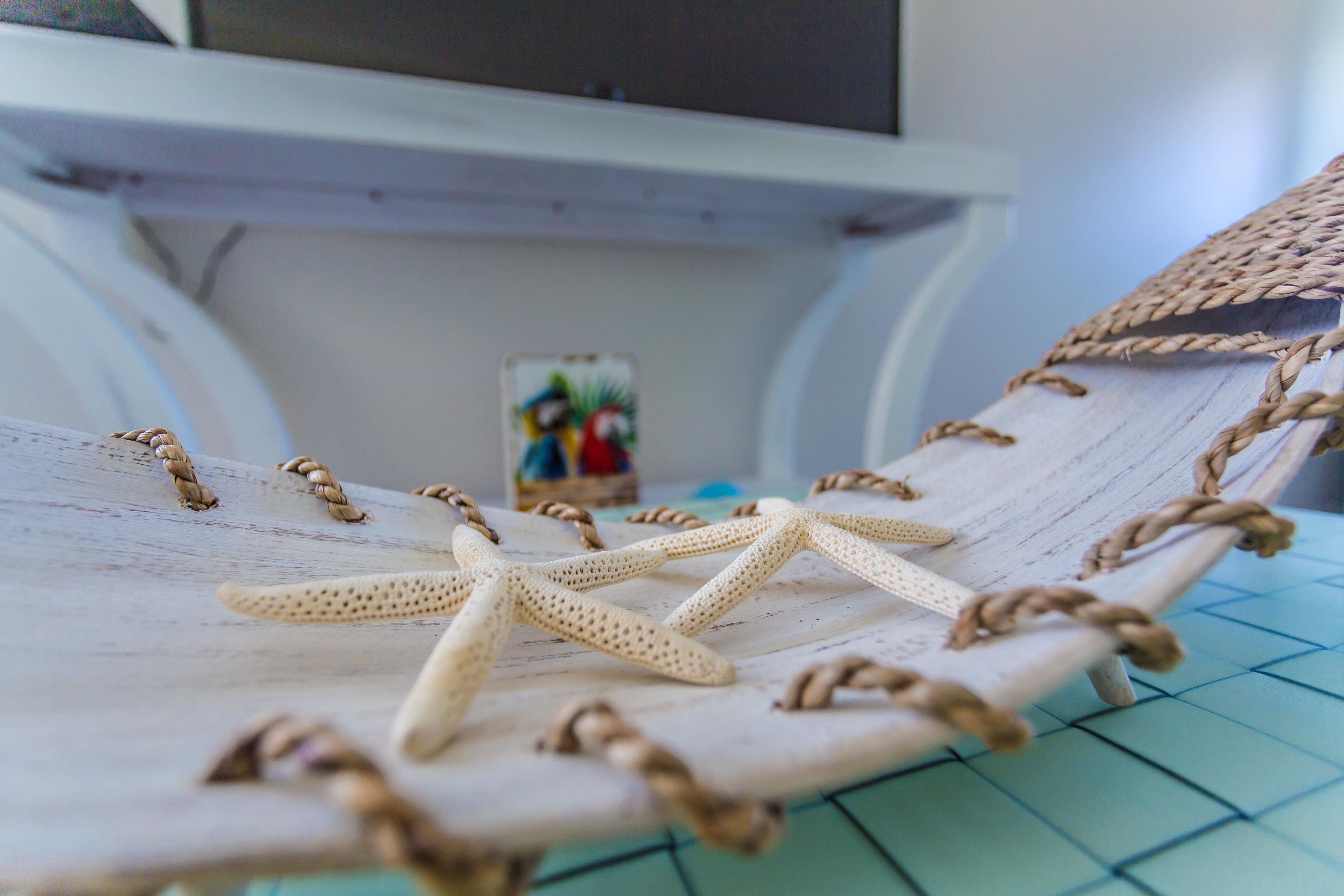 Una hamaca con cuerdas y estrellas de mar sobre una superficie de madera.