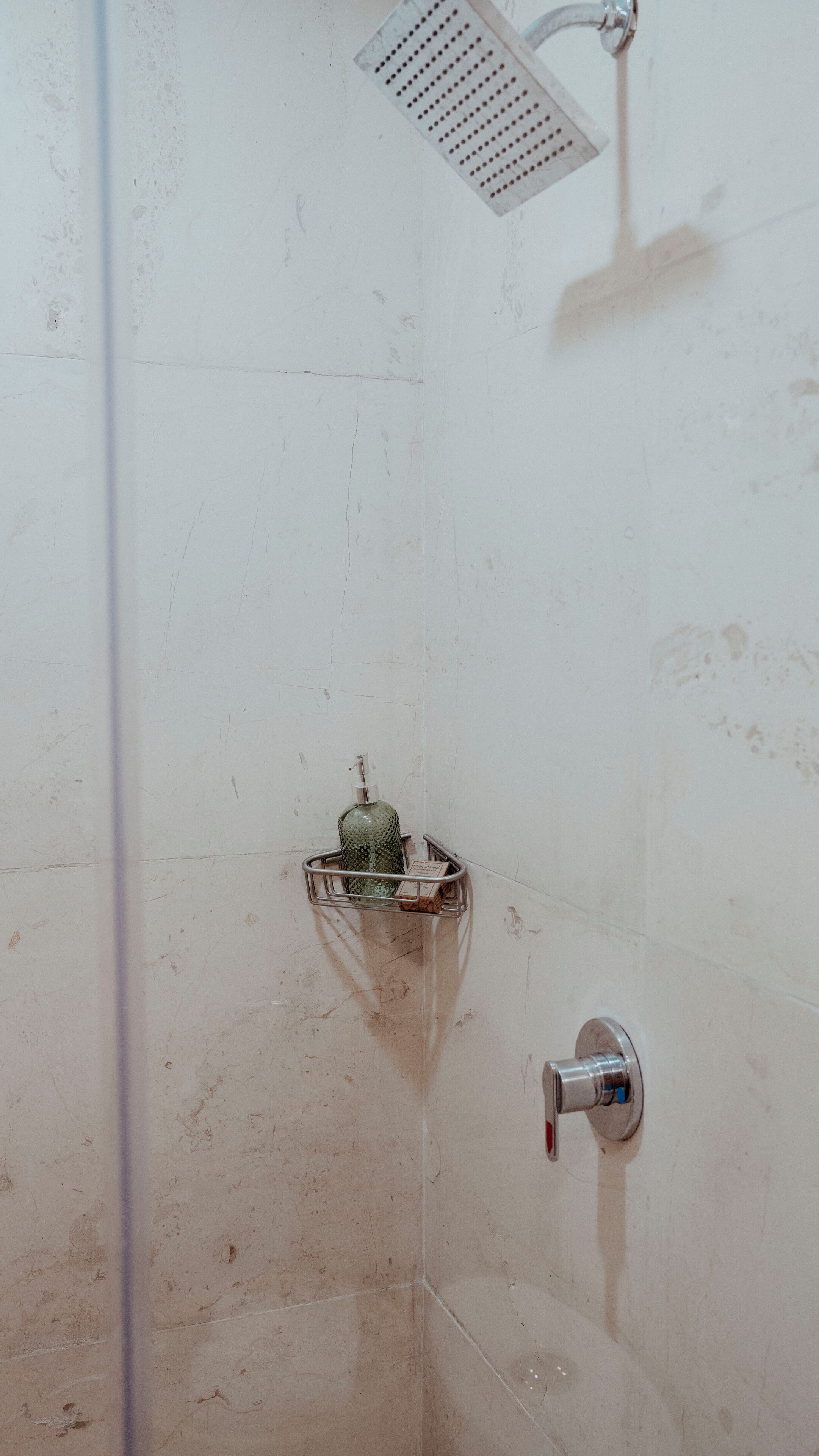 Une douche équipée d’un pommeau de douche à main, d’une étagère en verre sur laquelle est posée une bouteille, et d’un robinet en métal.