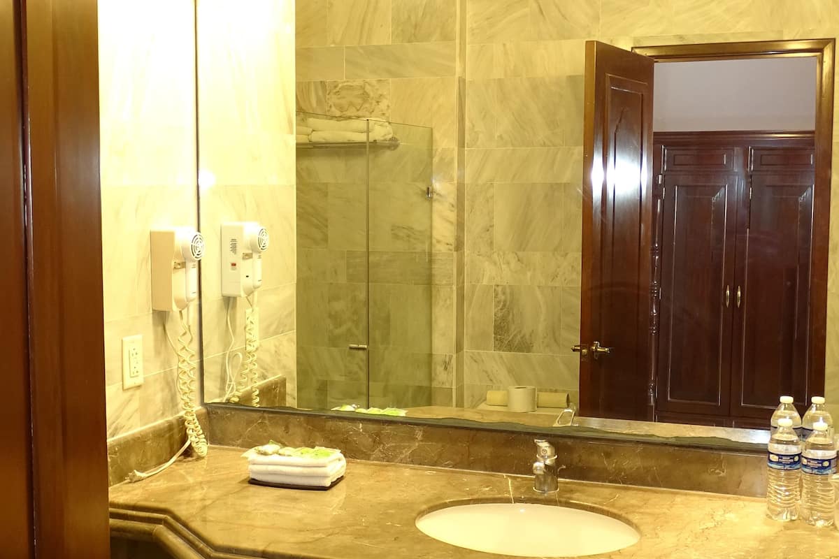 shower, free toiletries, hair dryer, towels