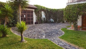 Un patio con un sendero adoquinado, una palmera y un edificio con puerta de madera y un balcón.