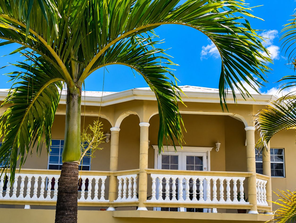 A building with a balcony, columns, and a palm tree.