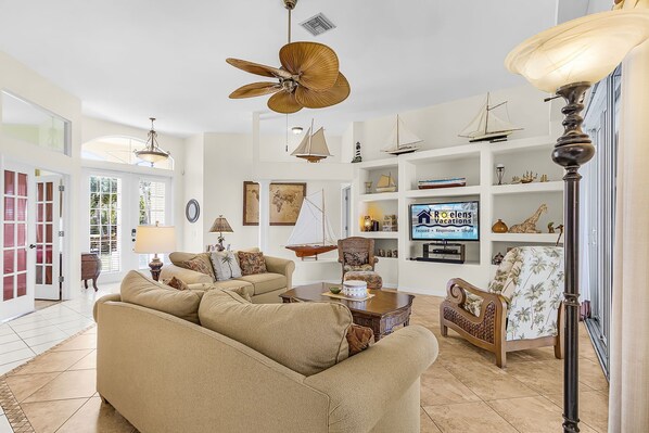 TV, DVD player, books