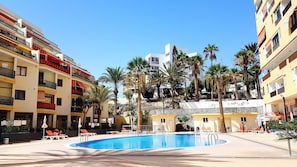 Een hotel met een zwembad, omringd door palmbomen en ligbedden.