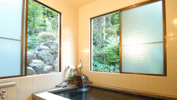 Un baño de estilo japonés tradicional con un manantial de piedra caliente, una pequeña cascada y grandes ventanales que ofrecen vistas a un jardín exuberante.