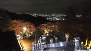 Vista nocturna de un complejo de templos japonés tradicional, con faroles de piedra y una escalera de piedra que conduce a una puerta.