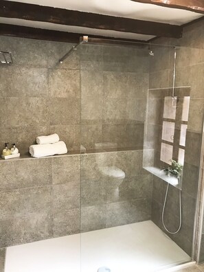 Shower, hair dryer, towels, toilet paper