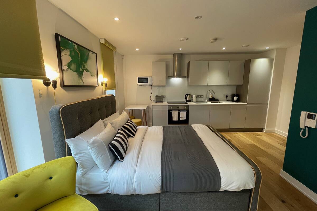 basic studio, 1 king bed, kitchenette | 1 bedroom, premium bedding, soundproofing, iron/ironing board