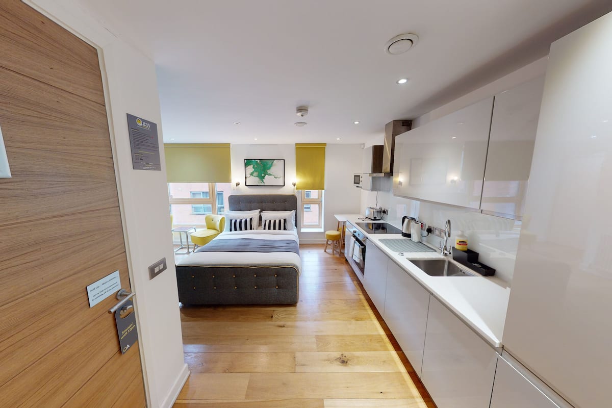basic studio, 1 king bed, kitchenette | 1 bedroom, premium bedding, soundproofing, iron/ironing board