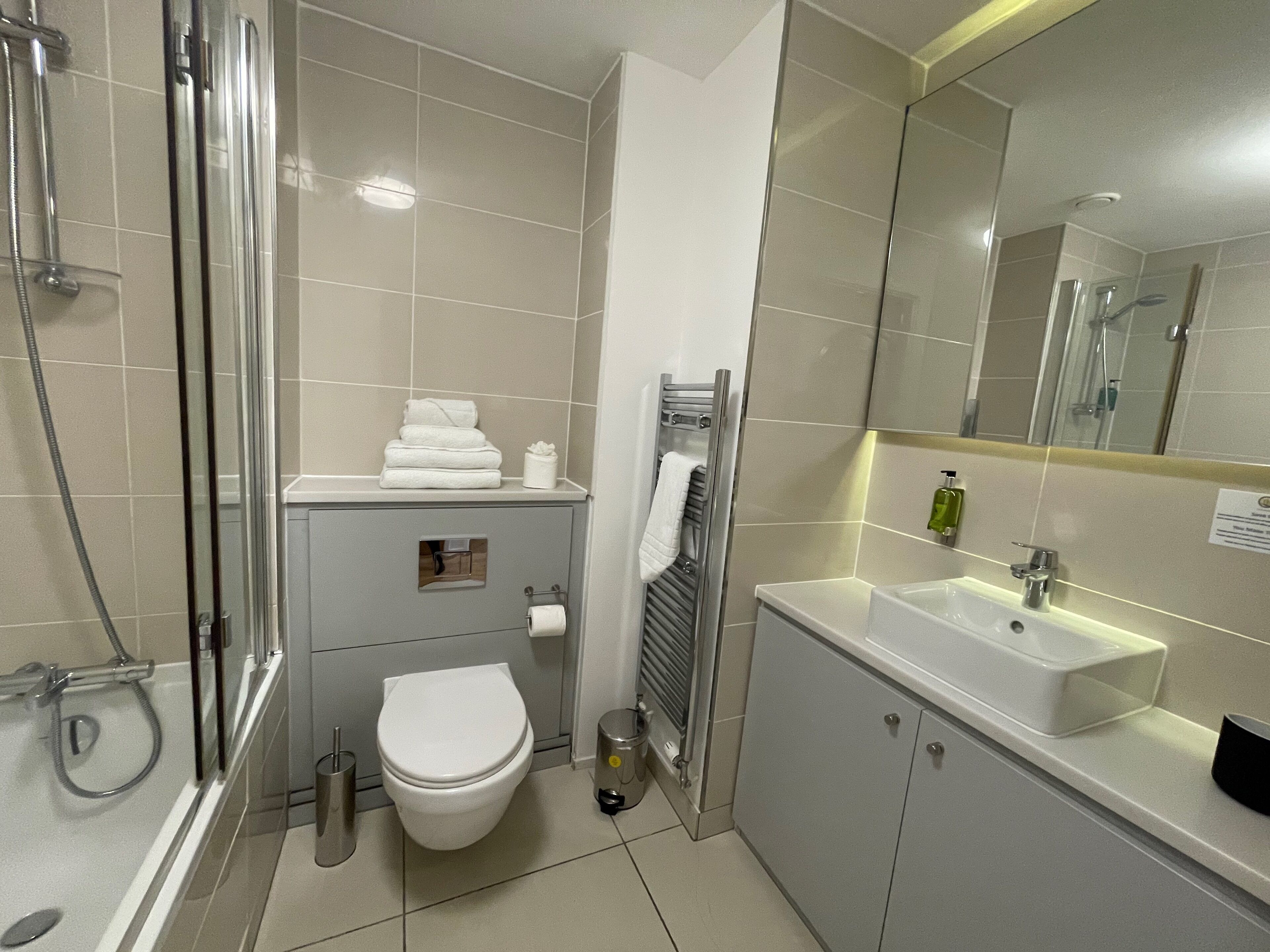 A modern bathroom with a glass shower enclosure, a toilet, a sink, and a mirror.