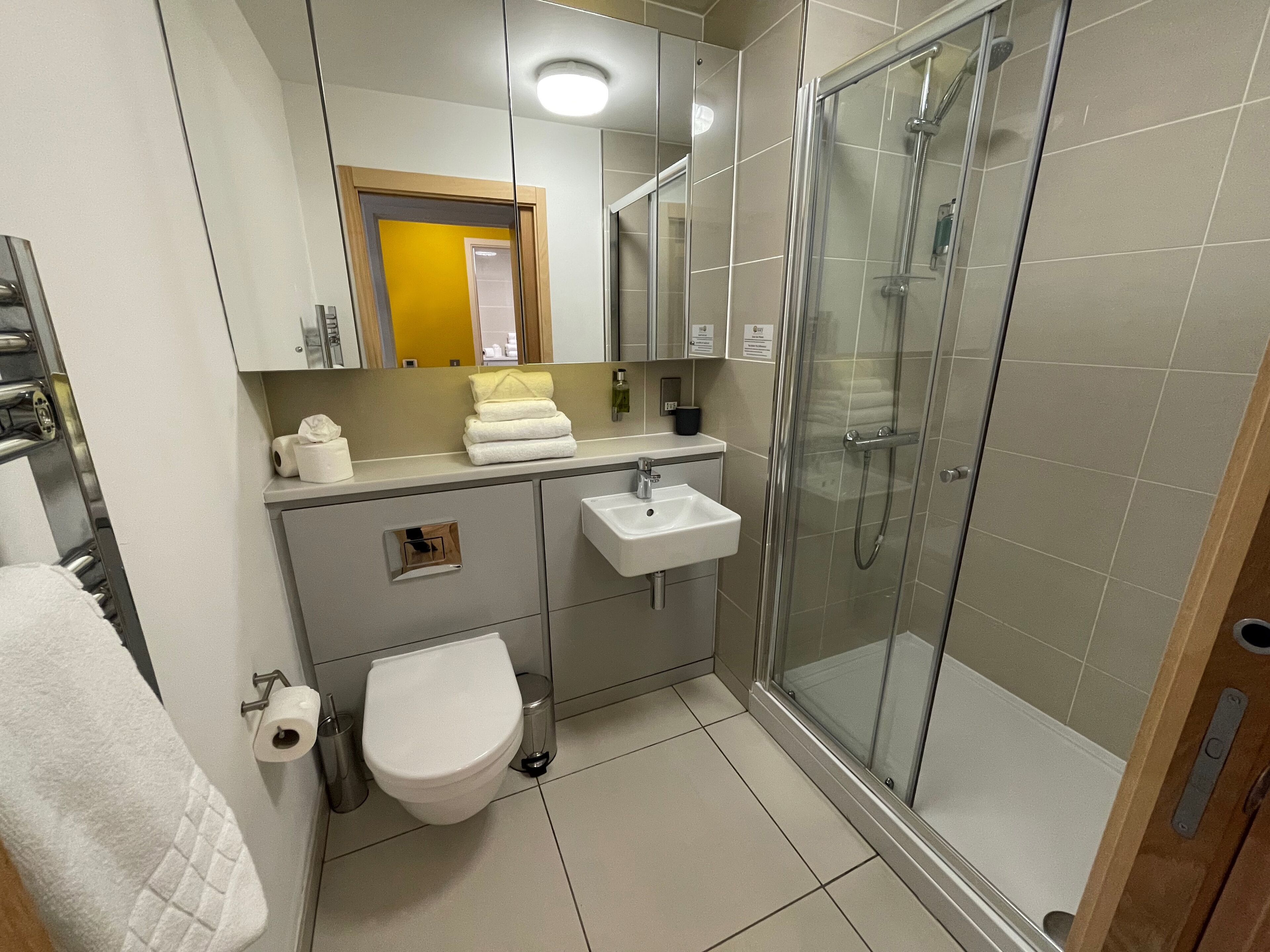 A modern bathroom with a glass shower enclosure, a white sink, and a toilet.