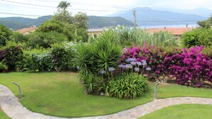 Een aangelegde tuin met een pad van stenen, diverse beplanting en uitzicht op verre bergen.
