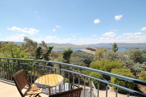 Un balcon doté d’une table et de chaises en bois, offrant une vue panoramique sur un paysage verdoyant, avec des arbres et une étendue d’eau.